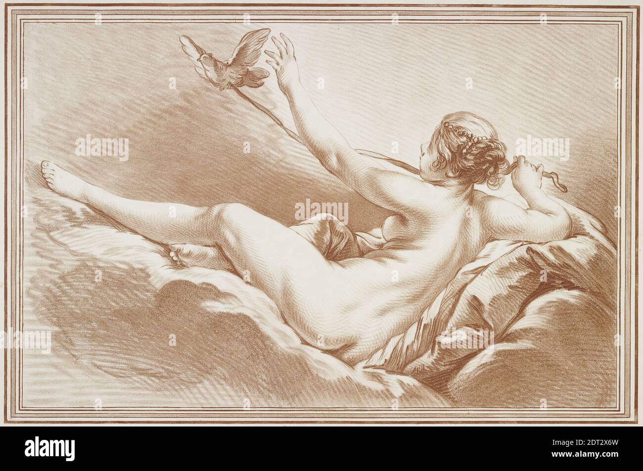 Incisore: Louis-Marin Bonnet, francese, 1736–1793, dopo: François Boucher, francese, 1703–1770, Vénus sur les nuées, retentant une colombe (Venus Reclining, Holding a dove by a Ribbon), incisione a modo Crayon, platemark: 41 × 56.2 cm (16 1/8 × 22 1/8 in.), francese, XVIII secolo, opere su carta - stampe Foto Stock
