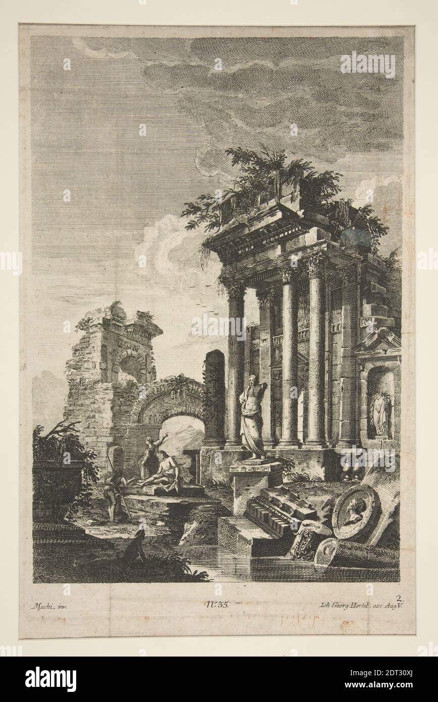 Artista: Johann Georg Hertel, tedesco, attivo 1750-1760, Capriccio con rovine romane, incisione, immagine: 30.2 × 19.5 cm (11 7/8 × 7 11/16 pollici), Made in Germany, German, XVIII secolo, opere su carta - stampe Foto Stock