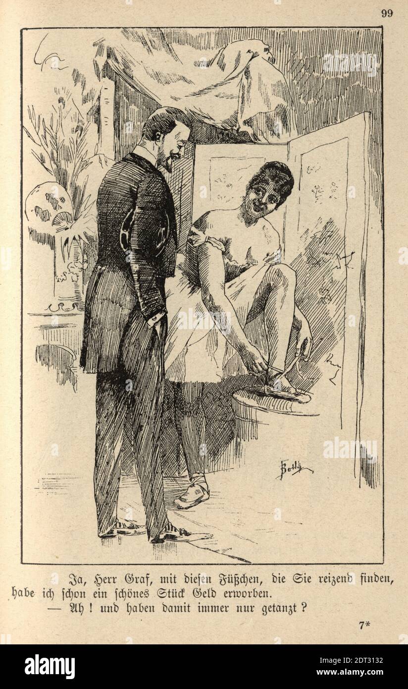 Fumetto tedesco vittoriano di un uomo che propositava una ballerina donna, showgirl nel suo spogliatoio, 19 ° secolo. Sì, Herr Graf, con queste poche tasse Foto Stock