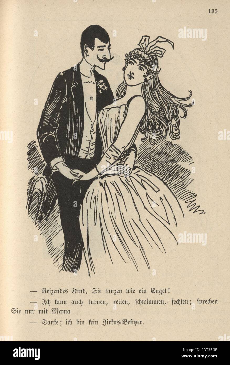 Fumetto vittoriano tedesco di un uomo che balla con una bella donna, 19 ° secolo. Bel bambino, danzate come un angelo! Posso anche fare ginnastica, cavalcare Foto Stock
