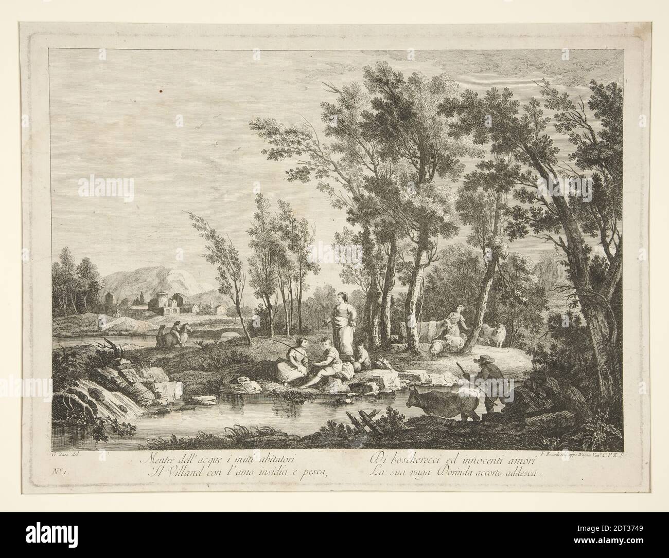 Artista: Fabio Berardi, Italiano, 1728–1788, dopo: Giuseppe Zais, Italiano, 1709–1781, Paesaggio con rovine, da una serie di 4, ca. 1740, incisione, immagine: 29.7 × 40.2 cm (11 11/16 × 15 13/16 in.), Made in Italy, Italiano, XVIII secolo, opere su carta - stampe Foto Stock