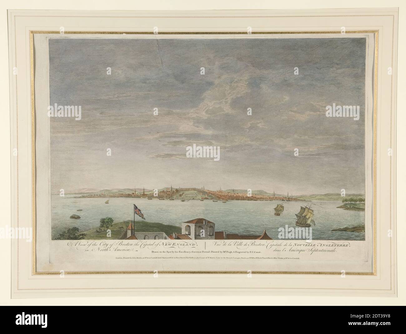 Artista: Pierre-Charles Canot, francese, 1710–1777, dopo: Herbert Pugh, francese, atto. 1758–ca. 1788, dopo: Gov. Pownal, americano, una vista della città di Boston il Campidoglio del New England, in Nord America, incisione a linee colorate, foglio: 49 × 60.5 cm (19 5/16 × 23 13/16 in.), francese, 18 ° secolo, opere su carta - stampe Foto Stock