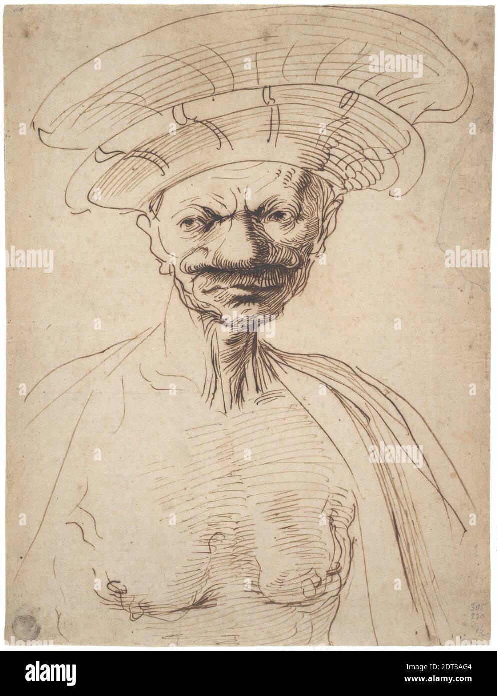 Artista: Guercino (Giovanni Francesco Barbieri), Italiano, 1591–1666, caricatura di un uomo con cappello grande, ca. 1630–40, penna e inchiostro marrone, foglio: 30.4 × 23 cm (11 15/16 × 9 1/16 in.), Italiano, XVII secolo, opere su carta - disegni e acquerelli Foto Stock