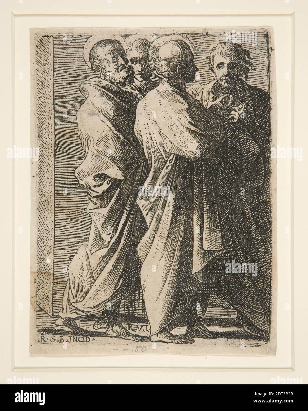 Etcher: Raffaello Schiaminossi, Italiano, 1572- 1622, dopo: Raffaello, Italiano, 1483–1520, quattro Santi, incisione, platemark: 14.5 × 11.1 cm (5 11/16 × 4 3/8 in.), Made in Italy, Italian, XVI secolo, opere su carta - stampe Foto Stock