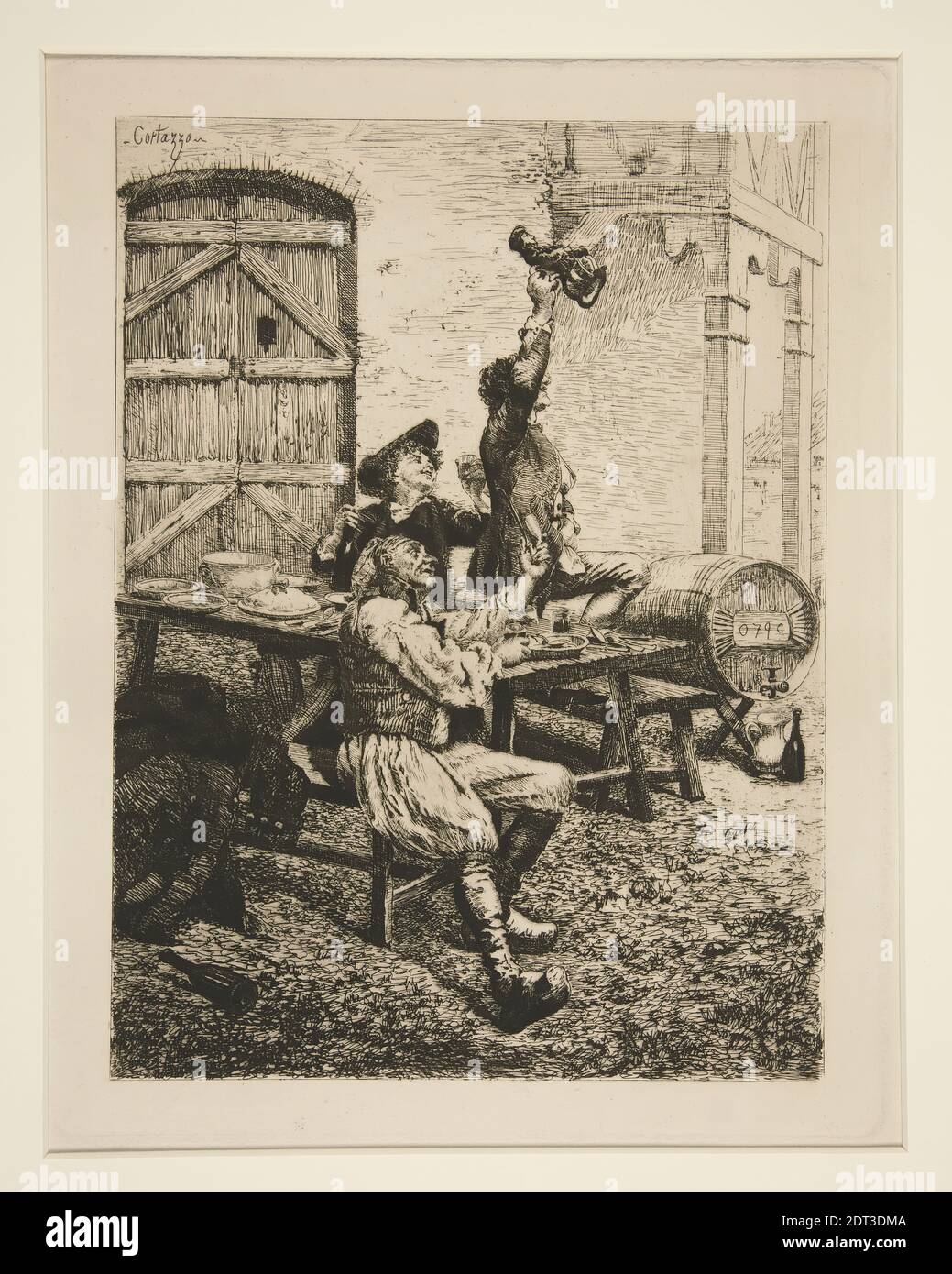 Artist: Oreste Cortazzo, Italian, 1836–1912, Country Scene: I bevitori, Etching e drypoint, image: 24.9 × 18.5 cm (9 13/16 × 7 5/16 in.), Italian, 19th Century, Works on Paper - Prints Foto Stock