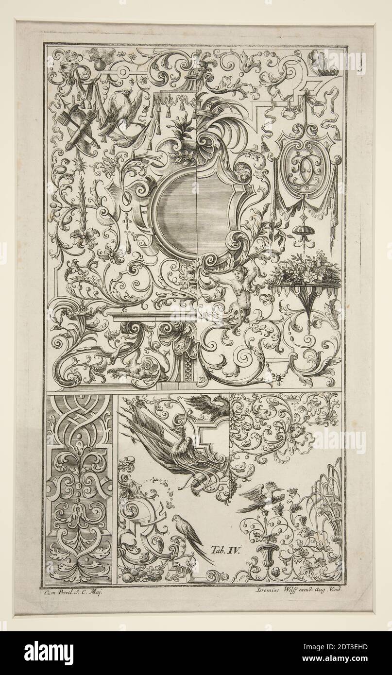 Artista: Jeremias Wolff, Tedesco, 1663–1724, Ornamental Grottesque Design, incisione, immagine: 31 × 18.3 cm (12 3/16 × 7 3/16 pollici), Made in Germany, German, XVIII secolo, opere su carta - stampe Foto Stock