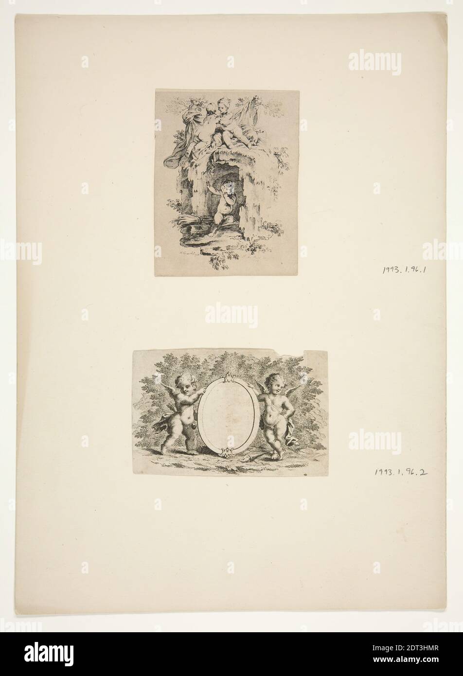 Artista: Hubert François Gravelot, francese, Inghilterra attiva, 1699–1773, .1: Putto in una grotta che scherma gli occhi; .2: Putti Holding an Oval Medallion, Etchings, foglio: 24.45 × 17.78 cm (9 5/8 × 7 pollici), Francese, XVIII secolo, opere su carta - stampe Foto Stock