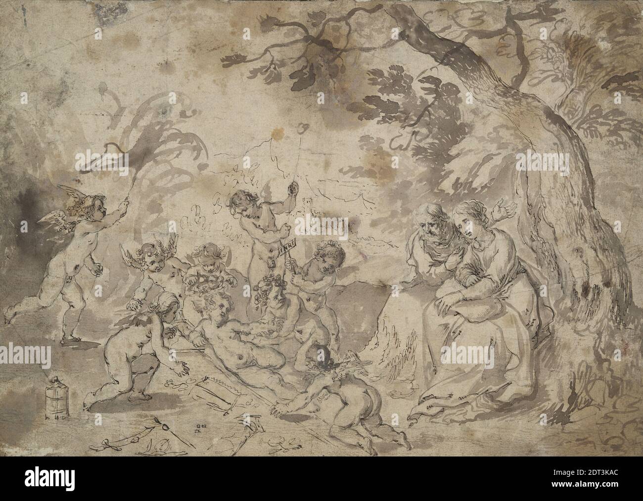 Artista: Jan Brueghel il Vecchio, fiammingo, 1568–1625, la Vergine Maria e San Giuseppe e il Cristo Bambino, San Giovanni, E angeli che giocano con gli strumenti di Passione, penna e pennello, inchiostro marrone e lavaggio marrone, con gesso nero, 22.6 × 31.8 cm (8 7/8 × 12 1/2 in.), Made in Fiandre, Fiammingo, 17 ° secolo, opere su carta - disegni e acquerelli Foto Stock