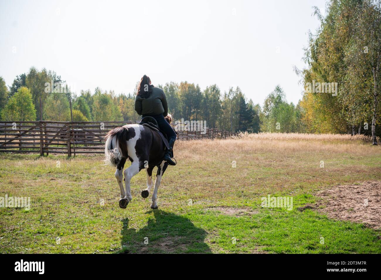 Passeggiata a cavallo di una giovane ragazza in luoghi con splendidi paesaggi di campagna autunnali. Foto Stock