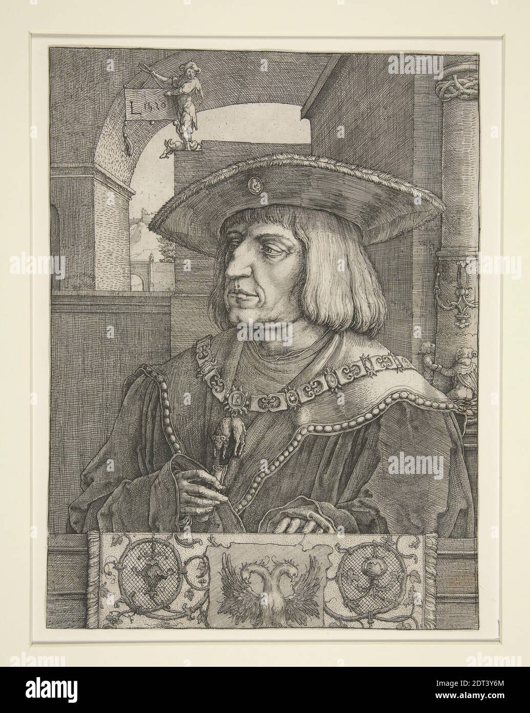 Artista: Lucas van Leyden, Netherlandish, 1494–1533, dopo: Albrecht Dürer, tedesco, 1471–1528, Ritratto dell'imperatore Massimiliano i, incisione e incisione, 25.9 × 19.5 cm (10 3/16 × 7 11/16 in.), fabbricato in Olanda, Netherlandish, XVI secolo, opere su carta - stampe Foto Stock