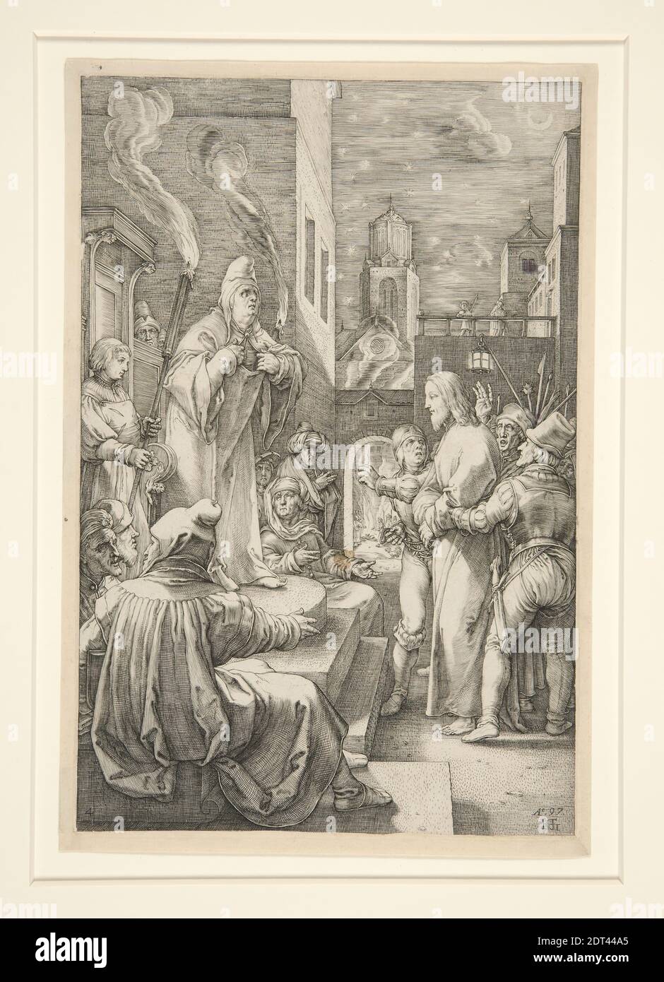 Artista: Hendrick Goltzius, olandese, 1558–1617, Cristo prima di Caiphas, dalla Passione, n.4 in una serie di 12 incisioni, incisione, made in the Netherlands, olandese, XVI secolo, opere su carta - stampe Foto Stock