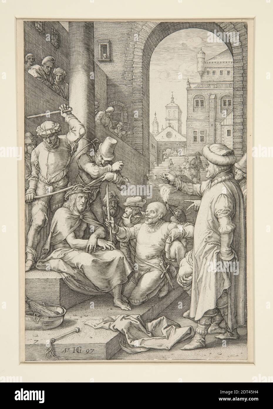 Artista: Hendrick Goltzius, olandese, 1558–1617, Cristo incoronato con spine, dalla Passione, n. 7 in una serie di 12 incisioni, incisione, 19.9 × 13.3 cm (7 13/16 × 5 1/4 in.), Made in the Netherlands, Dutch, XVI secolo, opere su carta - stampe Foto Stock