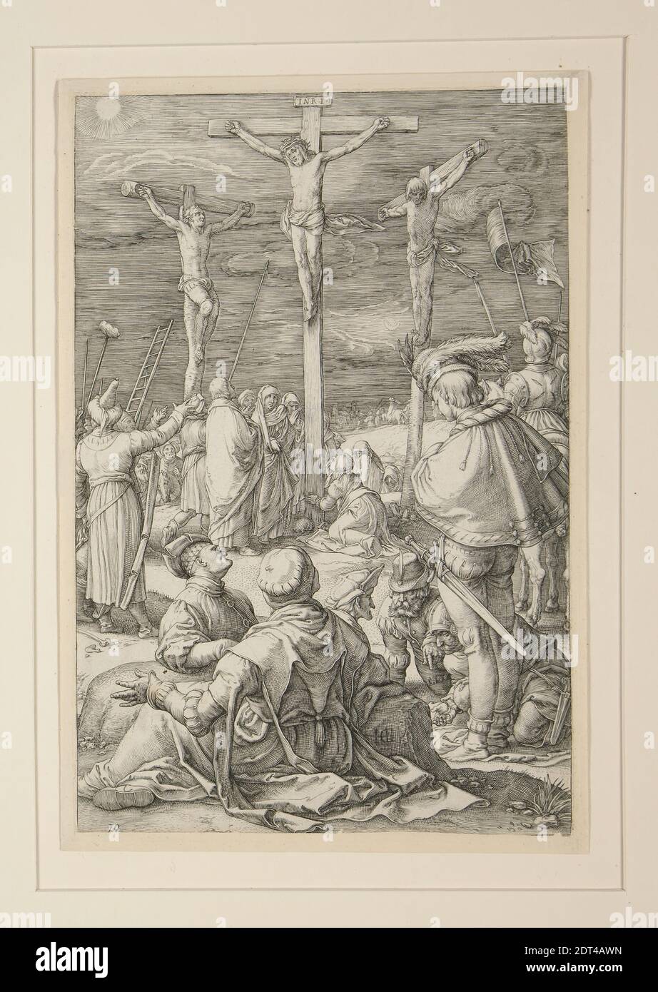 Artista: Hendrick Goltzius, olandese, 1558–1617, la Crocifissione (Cristo sulla Croce), dalla Passione, n. 10 in una serie di 12 incisioni, incisione, platemark: 7 15/16 × 5 1/4 pollici. (20.2 × 13.3 cm), Made in the Netherlands, Dutch, 16 ° secolo, opere su carta - stampe Foto Stock