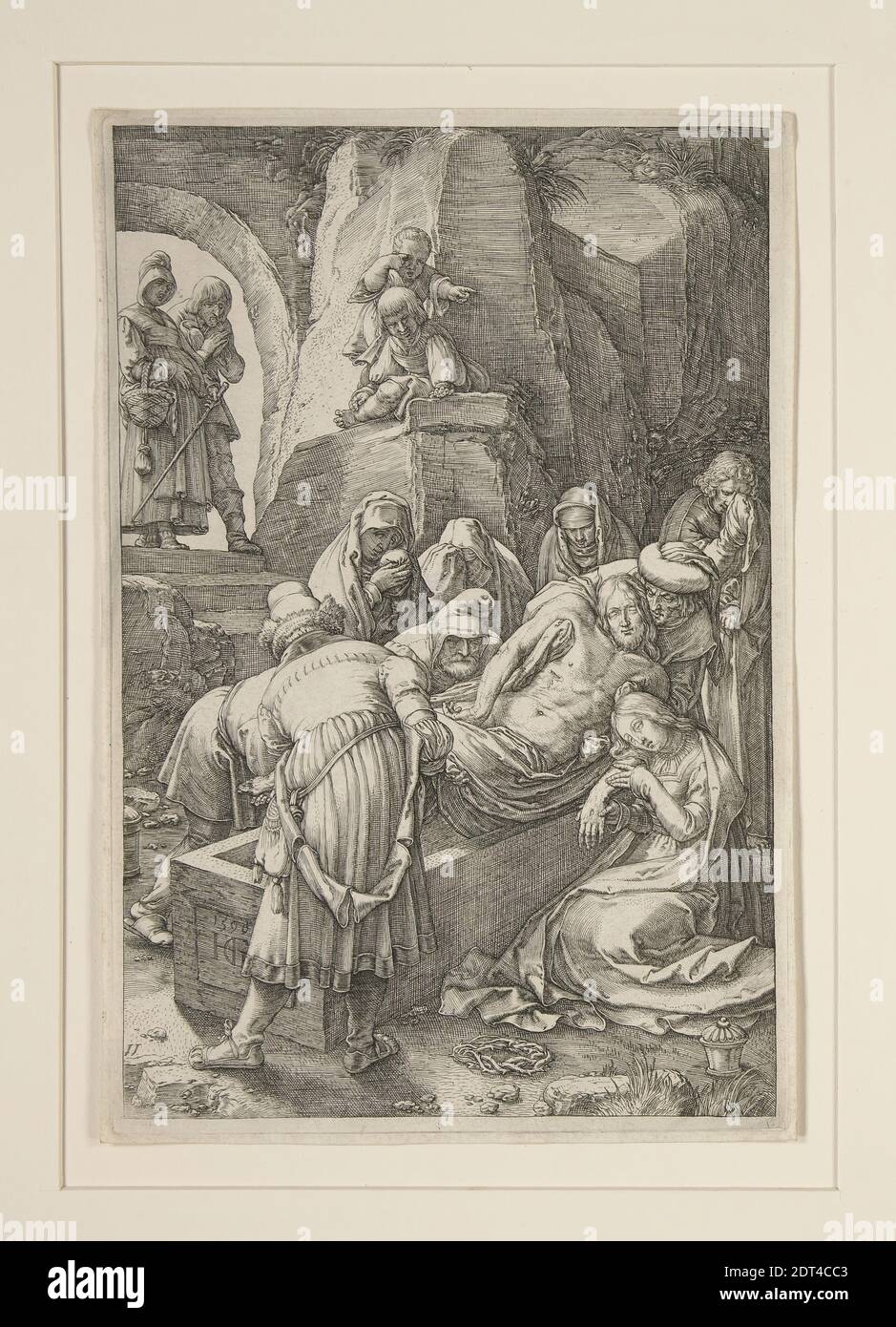 Artista: Hendrick Goltzius, olandese, 1558–1617, sepoltura di Cristo (l'Entombment), dalla Passione, n° 11 in una serie di 12 incisioni, incisione, 20.3 × 13.4 cm (8 × 5 1/4 in.), Made in the Netherlands, Dutch, XVI secolo, opere su carta - stampe Foto Stock