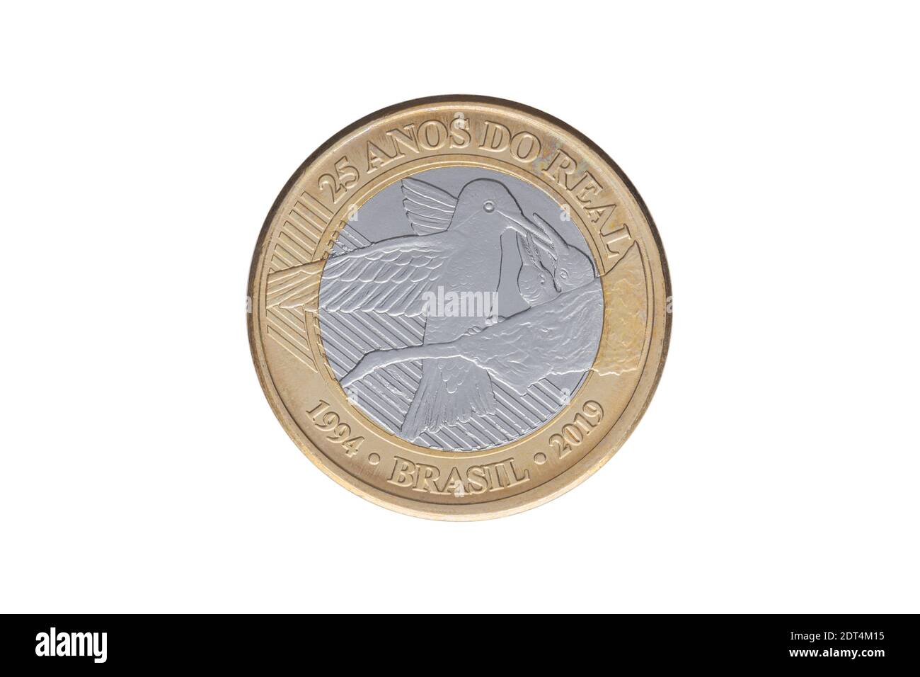 Moneta commemorativa brasiliana '1 Real' 2019 - 25 anni di Piano monetario reale - su sfondo bianco Foto Stock