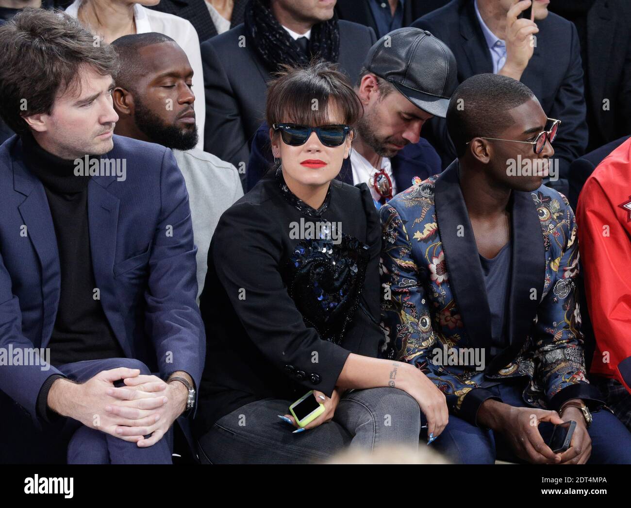 Antoine Arnoult, Lily Allen e Tinie Tempah in prima fila alla presentazione della collezione Louis Vuitton nell'ambito della settimana della moda maschile Autunno-Inverno 2014/2015 di Parigi, tenutasi a Serre Andre Citroen a Parigi, Francia il 16 gennaio 2014. Foto di Jerome Domine/ABACAPRESS.COM Foto Stock