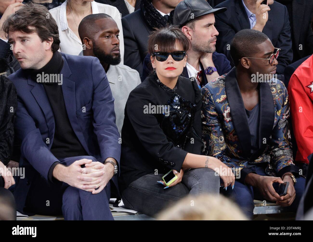 Antoine Arnoult, Lily Allen e Tinie Tempah in prima fila alla presentazione della collezione Louis Vuitton nell'ambito della settimana della moda maschile Autunno-Inverno 2014/2015 di Parigi, tenutasi a Serre Andre Citroen a Parigi, Francia il 16 gennaio 2014. Foto di Jerome Domine/ABACAPRESS.COM Foto Stock