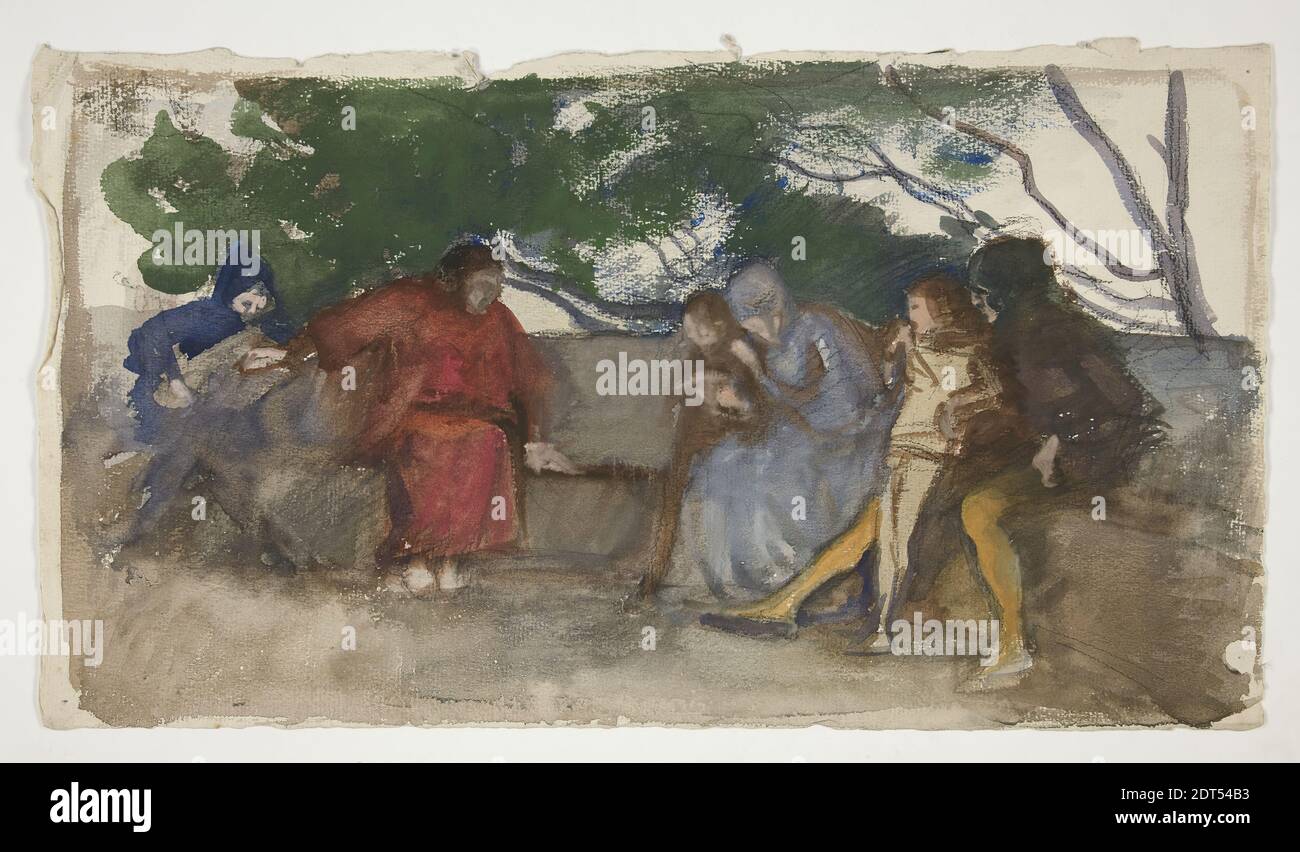 Artist: Edwin Austin Abbey, American, 1852–1911, M.A., 1897, Figure seduti lungo una panca esterna, acquerello, gesso nero, wove pesante, 27.6 × 49.8 cm (10 7/8 × 19 5/8 in.), made in United States, American, 19 ° secolo, opere su carta - disegni e acquerelli Foto Stock