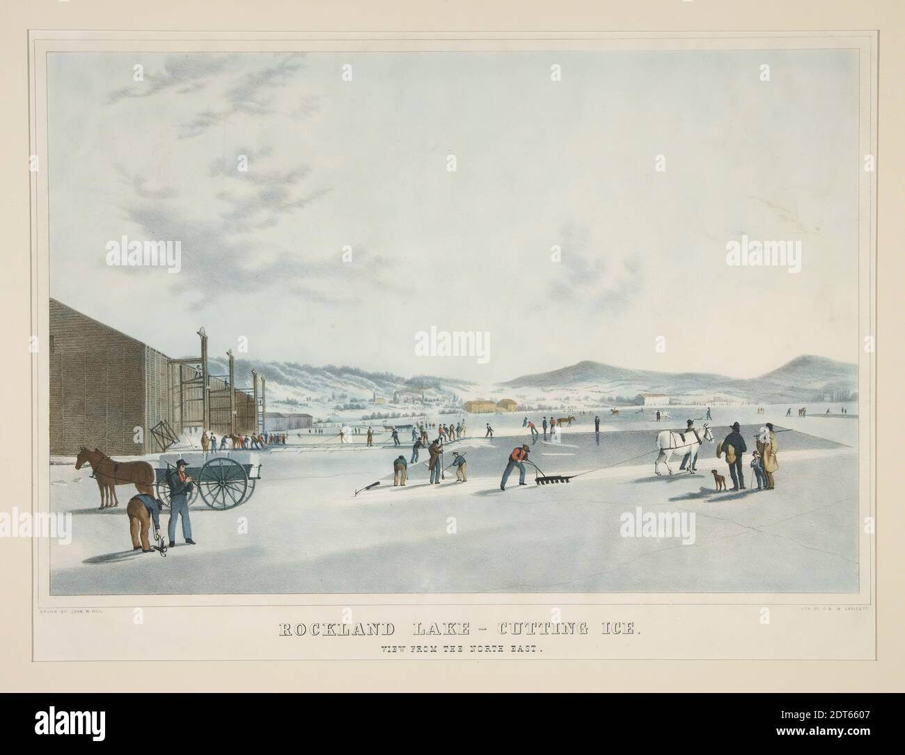 Dopo: John William Hill, americano, 1812–1879, Rockland Lake - Cutting Ice. / Vista dal Nord Est, litografia in colori, di G. &amp; W. Endicott, foglio: 40.5 × 53.7 cm (15 15/16 × 21 1/8 pollici), Made in United States, American, 19th Century, opere su carta - stampe Foto Stock