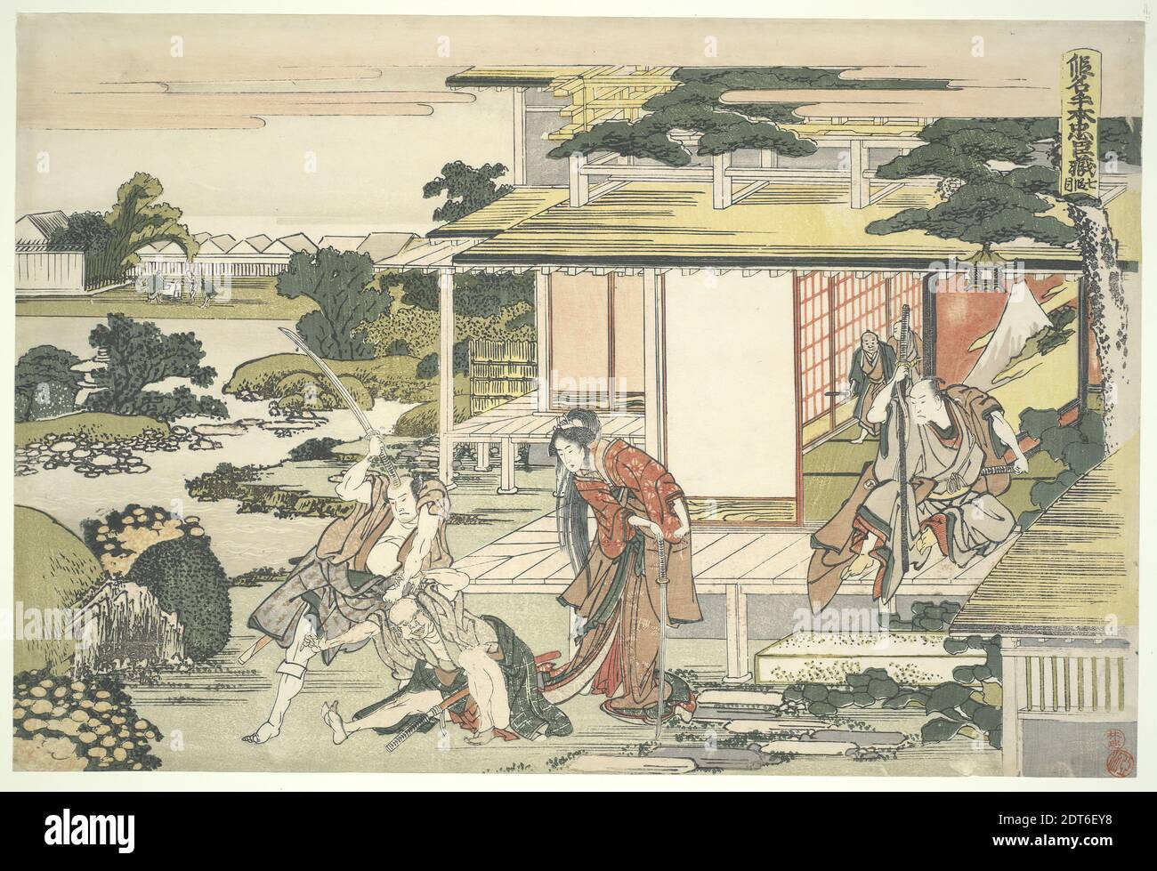 Artista: Katsushika Hokusai, giapponese, 1760–1849, Tea House Scene. ICH iriki Heiyemon che trascina fuori la spia Kudayu: Forty-Seven Ronin, Act VII, Ukiyo-e; stampa di blocchi di legno policromo, forma Yoko-ye, foglio: 10 × 15 pollici. (25.4 × 38.1 cm), Giappone, Giapponese, periodo Edo (1615–1868), opere su carta - stampe Foto Stock