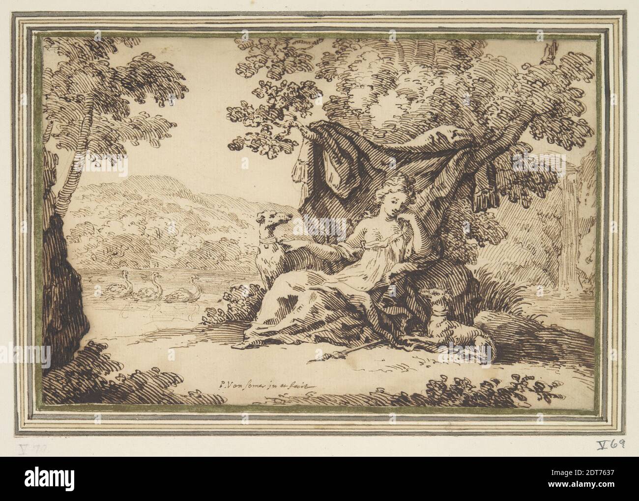Artista: Paul van Somer, olandese, ca. 1649-1694, Donna con due cani seduti in un paesaggio, 17 ° secolo, penna e inchiostro marrone, foglio: 11.2 × 16.8 cm (4 7/16 × 6 5/8 pollici), Made in Olanda, olandese, 17 ° secolo, opere su carta - disegni e acquerelli Foto Stock