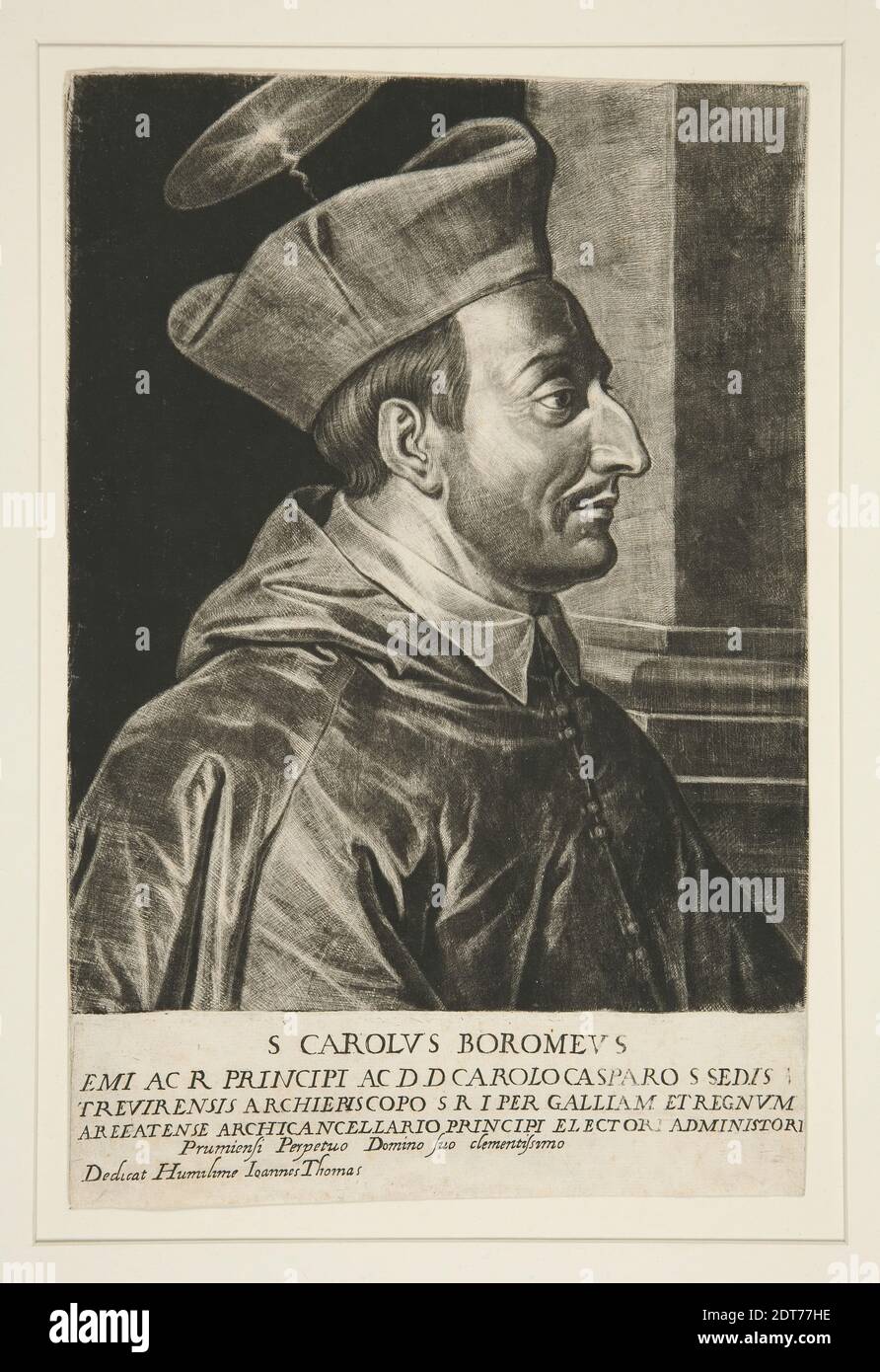 Artista: Jan Thomas, Fiammingo, 1617–1678, dopo: Ambrogio Giovanni Figino, Italiano, 1548–1608, Ritratto di San Carlo Borromeo, Mezzotint, 24.1 × 15.9 cm (9 1/2 × 6 1/4 in.), Made in Fiandre, Fiandre, XVII secolo, opere su carta - stampe Foto Stock