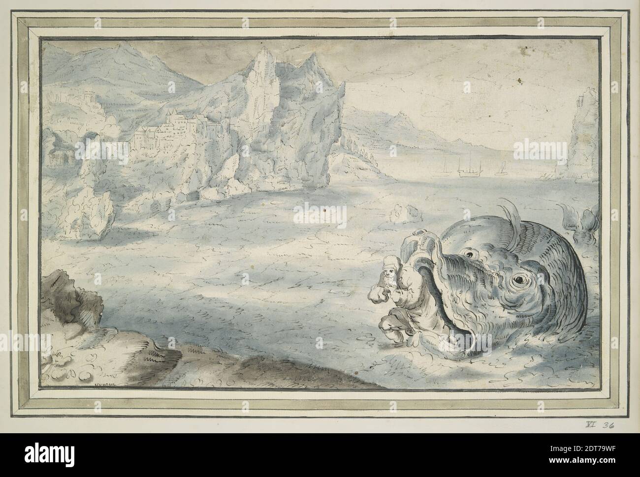 Dopo: Jan Brueghel il Vecchio, fiammingo, 1568–1625, Giona consegnato dalla balena, penna e inchiostro marrone e marrone-grigio e blu lavaggio, foglio: 19.4 × 30.9 cm (7 5/8 × 12 3/16 in.), Made in Fiandre, fiammingo, 17 ° secolo, opere su carta - disegni e acquerelli Foto Stock