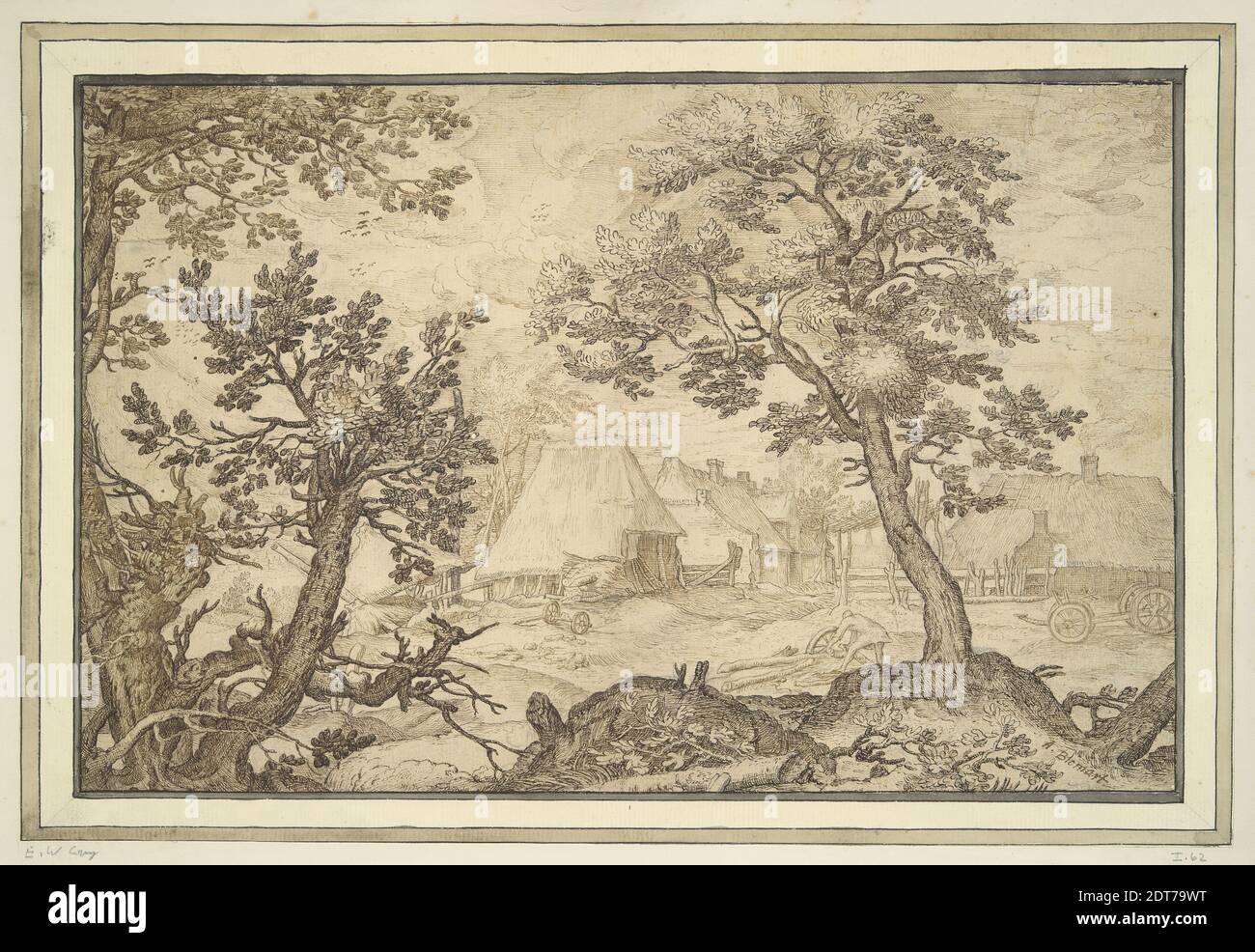 Dopo: Abraham Bloemaert, olandese, 1566–1651, edifici agricoli visti attraverso uno schermo di alberi, 17 ° secolo, penna e inchiostro marrone chiaro e scuro su disegni preliminari in matita, foglio: 19.9 × 30.7 cm (7 13/16 × 12 1/16 pollici), Made in the Netherlands, olandese, 17 ° secolo, opere su carta - disegni e acquerelli Foto Stock