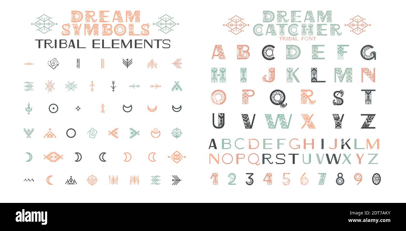 Alfabeto tribale e ornamenti. Lettere e simboli in stile etnico geometrico. Aztec e nativo americano tessuto stile. Illustrazione vettoriale Illustrazione Vettoriale