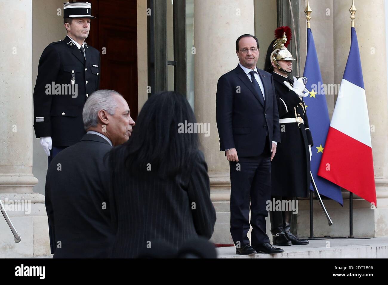 Il presidente francese Francois Hollande è raffigurato accanto al ministro francese della Francofonia Yamina Benguigui e al ministro francese dei territori d'oltremare Victorin Lurel dopo un incontro con il presidente haitiano Michel Martelly presso il Palazzo Presidenziale Elysee, a Parigi, Francia, il 21 febbraio 2014. Foto di Stephane Lemouton/ABACAPRESS.COM Foto Stock