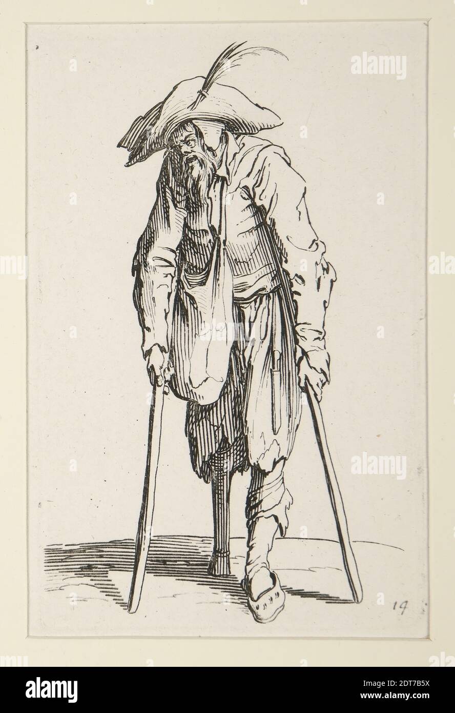 Artista: Jacques Callot, francese, 1592–1635, Beggar con gamba in legno, dal Beggars (le mendiant a la jambe de bois), ca. 1622, incisione, foglio: 13.7 × 8.7 cm (5 3/8 × 3 7/16 in.), francese, 17 ° secolo, opere su carta - stampe Foto Stock