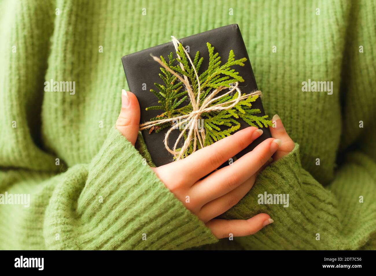 Mani donne che tengono bel presente avvolto in carta nera e decorato con ramo verde, primo piano Foto Stock