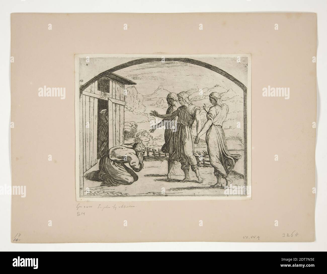 Etcher: Orazio Borgianni, italiano, ca. 1578–1616, dopo: Raffaello, italiano, 1483–1520, Abramo accoglie i tre Angeli, dalle Loggia dipinti, acquaforte, uno di un set di 32 stampe, platemark: 14.6 × 17.9 cm (5 3/4 × 7 1/16in.), Made in Italy, Italiano, XVI-XVII secolo, opere su carta - stampe Foto Stock