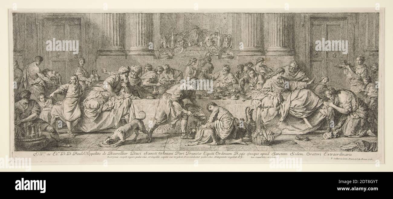 Artista: Pierre Subleyras, Francese, 1699–1749, la Madeleine aux pieds de Jésus (il banchetto nella Casa di Simone il Fariseo), incisione, platemark: 24.8 × 60.6 cm (9 3/4 × 23 7/8 in.); foglio: 50.5 × 77.2 cm (19 7/8 × 30 3/8 in.), Made in France, Francese, XVIII secolo, opere su carta - stampe Foto Stock