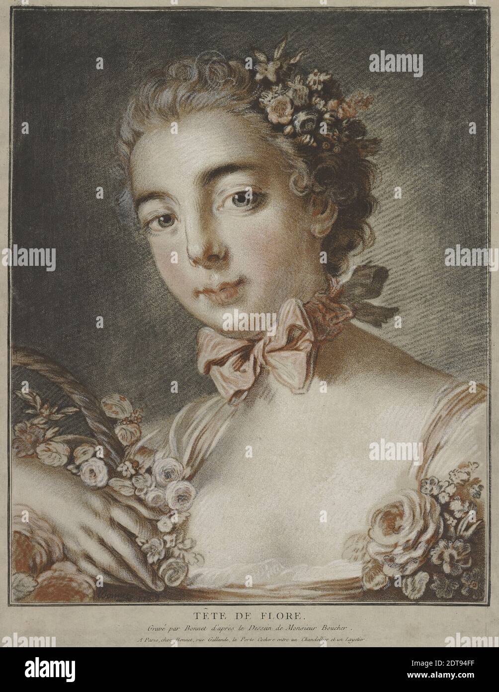Incisore: Louis-Marin Bonnet, francese, 1736–1793, dopo: François Boucher, francese, 1703–1770, Tête de Flore, incisione a pastello, immagine: 41.5 × 33.5 cm (16 5/16 × 13 3/16 in.), non è noto quante impressioni di questa versione di Tête de Flore, in tonalità di marrone e rosso, sono state stampate, ma è estremamente raro. L'effetto è più attenuato della famosa immagine classica stampata da otto lastre. , Made in France, French, 18 ° secolo, opere su carta - stampe Foto Stock