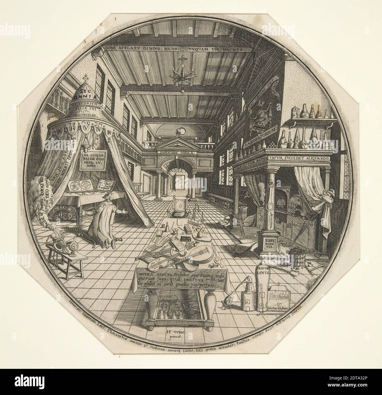 Artista: Peter van der Doort, fiammingo, ca. 1570–dopo il 1600, Heinrich Khunrath, Alchimista di Lipsia, nella sua Biblioteca, incisione, platemark: 21.4 cm (8 7/16 pollici), Made in Fiandre, Fiammingo, 17 ° secolo, opere su carta - stampe Foto Stock