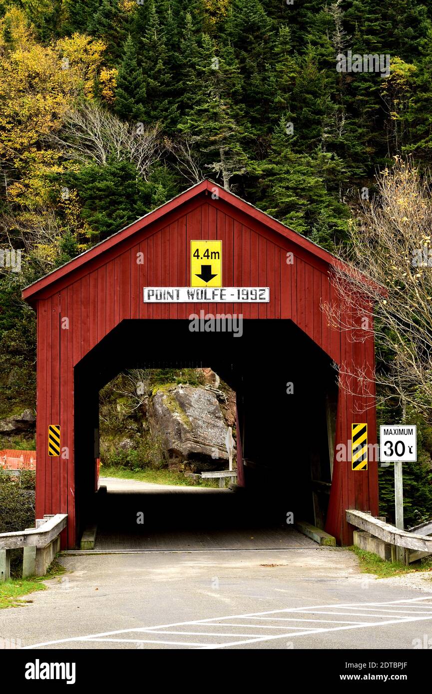 Un'immagine verticale del famoso ponte coperto Point Wolfe che attraversa il fiume Point Wolfe nel Fundy National Park New Brunswick Canada. Foto Stock