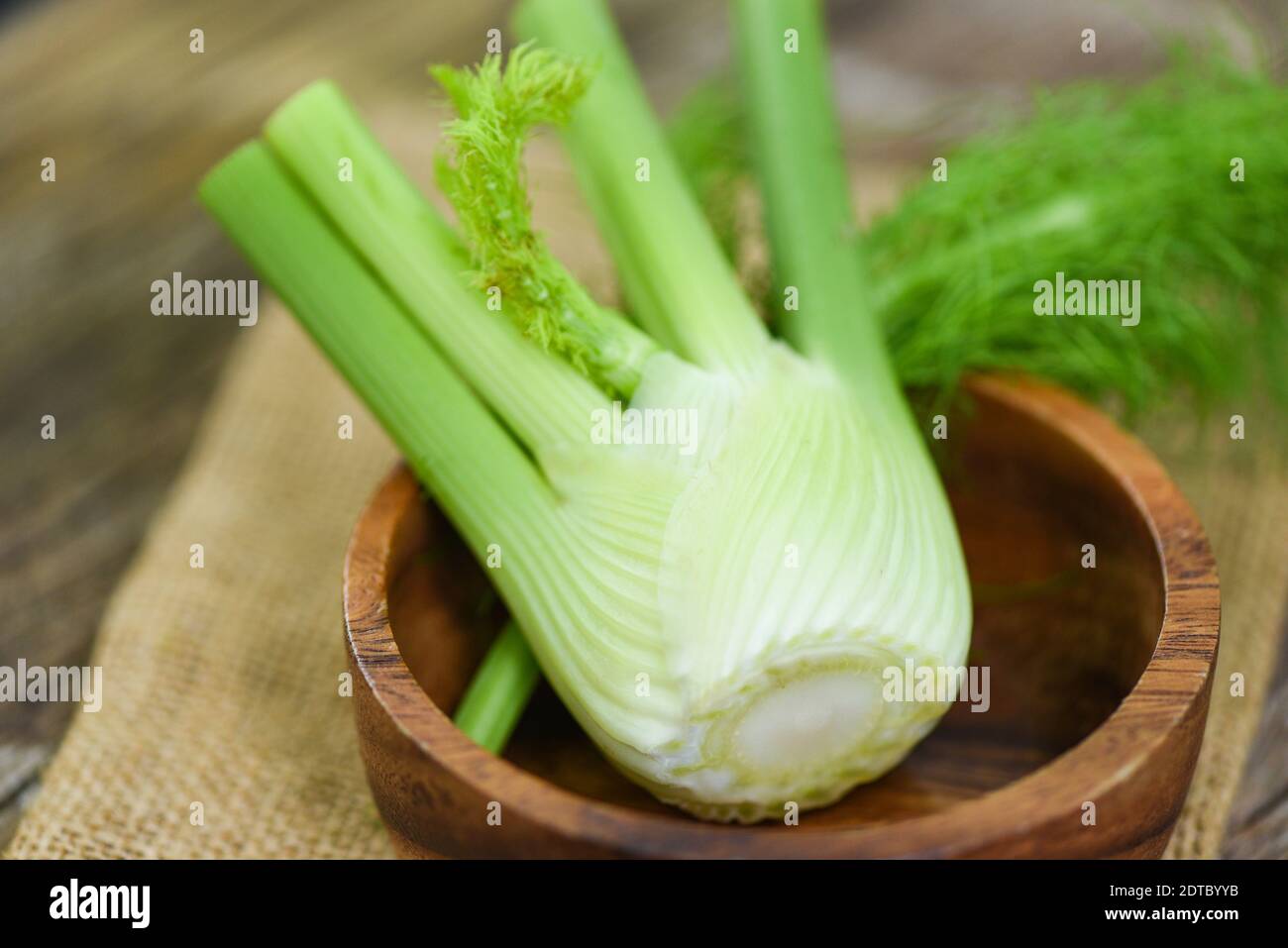 Fennel vegetable from the garden , Fresh raw fennel bulbs ready to cook on food wooden nature green background Foto Stock