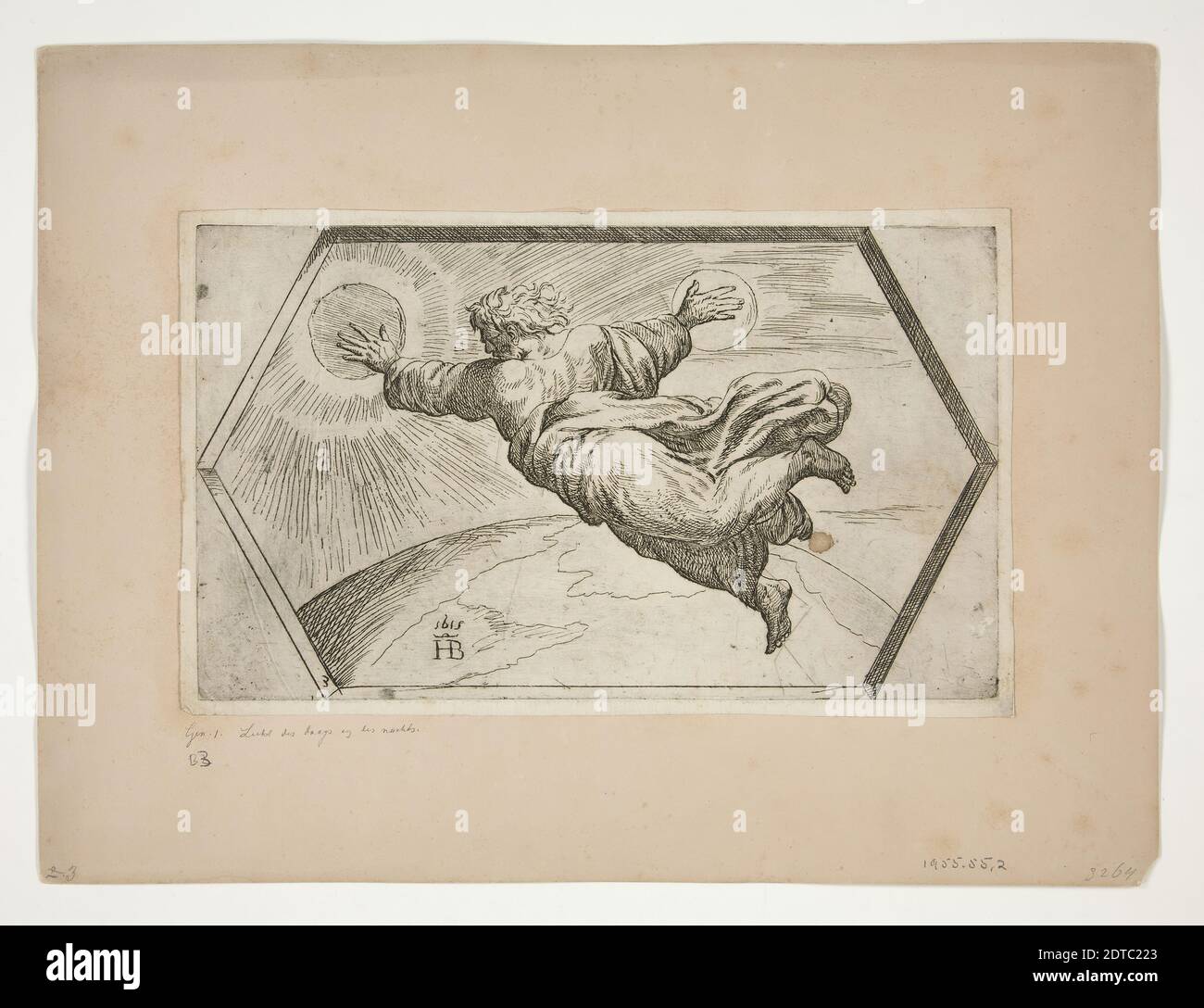 Etcher: Orazio Borgianni, italiano, ca. 1578–1616, dopo: Raffaello, italiano, 1483–1520, Dio che crea il Sole e la Luna, dai dipinti della Loggia, incisione, parte del set 1955.55.1-.32, platemark: 13.6 × 23.3 cm (5 3/8 × 9 3/16 in.), italiano, XVI–XVII secolo, opere su carta - stampe Foto Stock