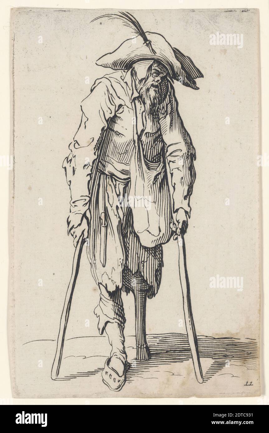 Dopo: Jacques Callot, francese, 1592–1635, le Mendiant a la Jambe de Bois (Beggar con una gamba di legno); da Les Gueux, incisione, platemark: 13.1 × 8.7 cm (5 3/16 × 3 7/16 in.), francese, 17 ° secolo, opere su carta - stampe Foto Stock