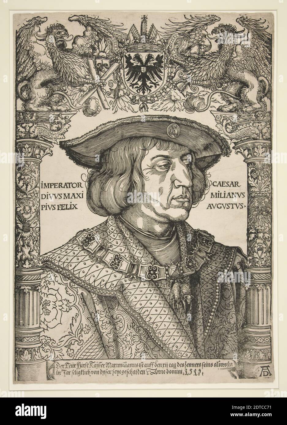 Taglialegno: Sconosciuto, dopo: Albrecht Dürer, tedesco, 1471–1528, Ritratto di Massimiliano i, legno, 56.5 × 40.5 cm (22 1/4 × 15 15/16 pollici), Made in Germany, Tedesco, XVI secolo, opere su carta - stampe Foto Stock