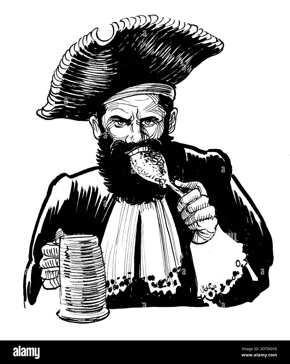 Capitano pirata mangiare pollo e bere birra. Disegno in bianco e nero con inchiostro Foto Stock