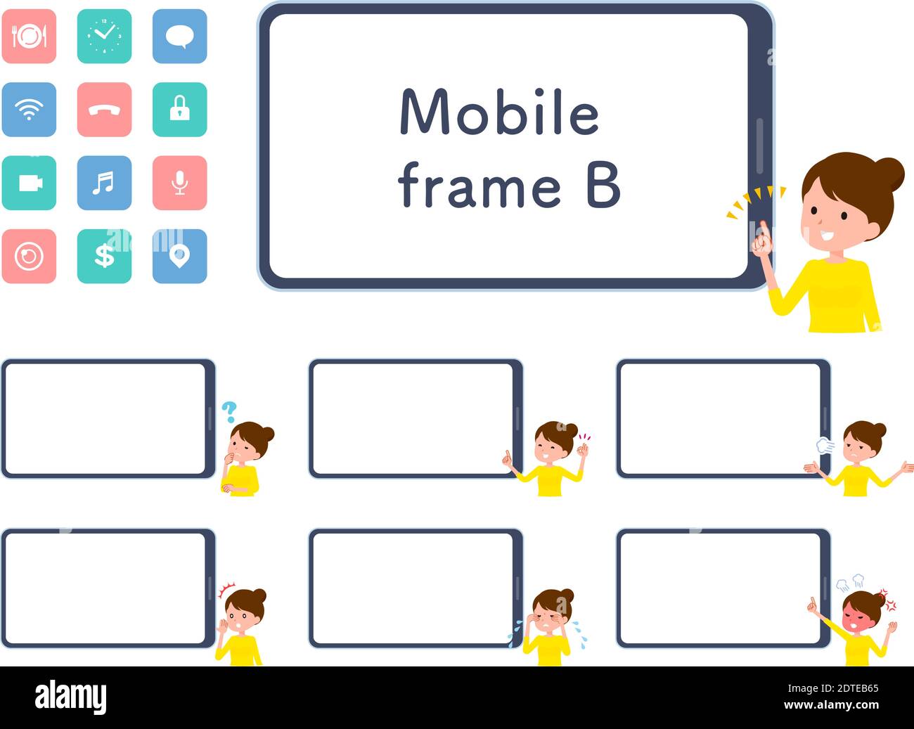 Un set di donne e smartphone schermo.(B) è vettoriale arte in modo che è facile da modificare.l'interno dello schermo è trasparente, quindi è facile da montare. Illustrazione Vettoriale