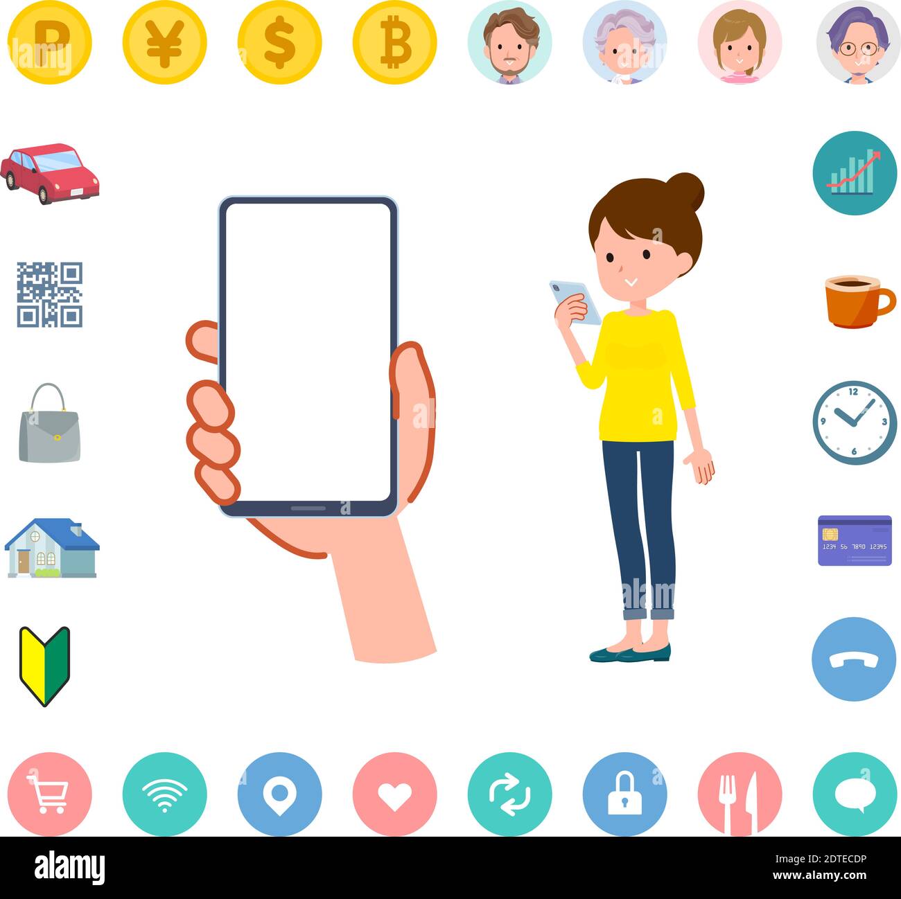 Una serie di donne che guardano lo schermo di uno smartphone. La grafica vettoriale è quindi facile da modificare. L'interno dello schermo è trasparente, quindi è facile da adattare. Illustrazione Vettoriale