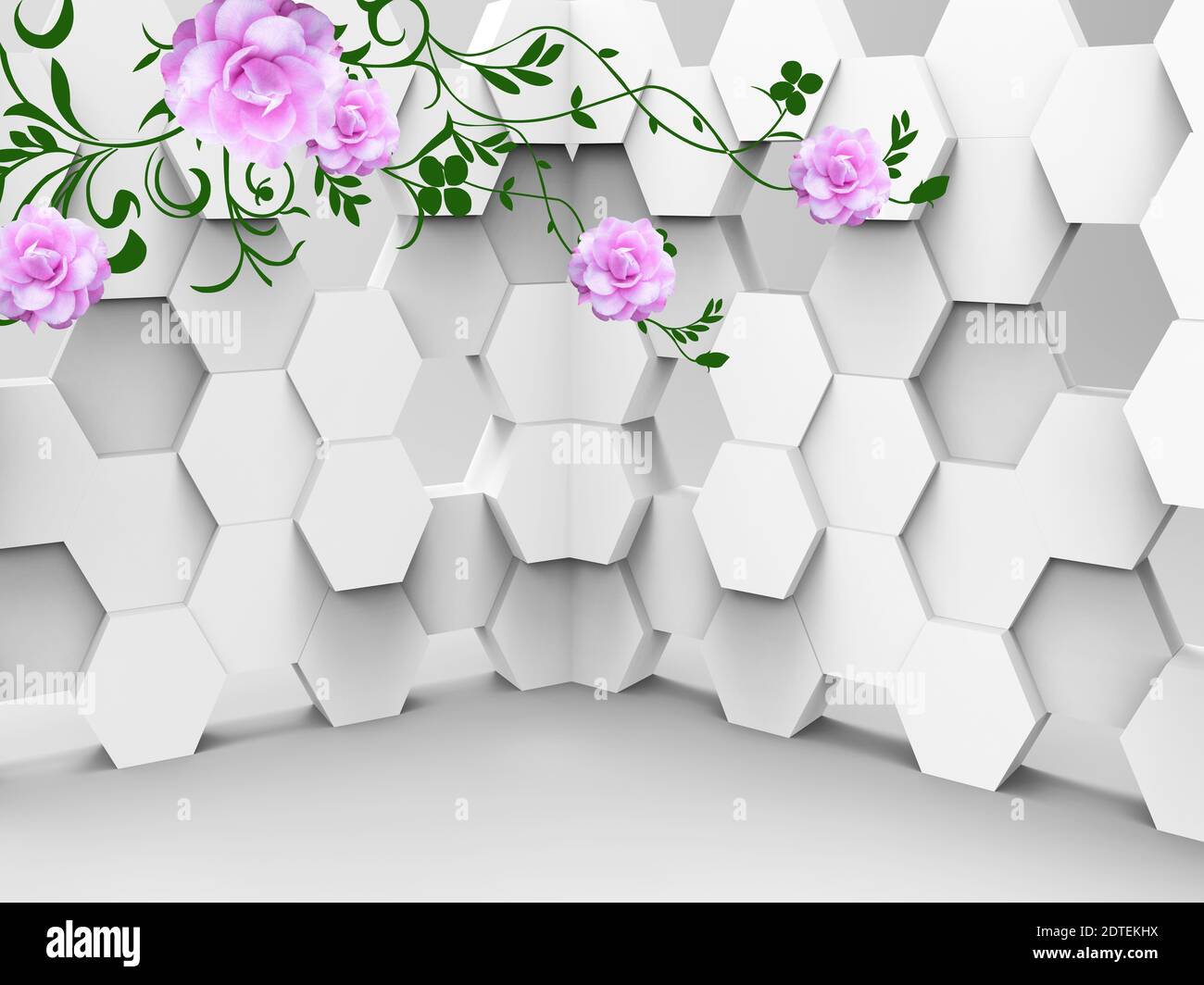 illustrazione 3d, sfondo grigio, esagoni, grandi fiori rosa Foto Stock