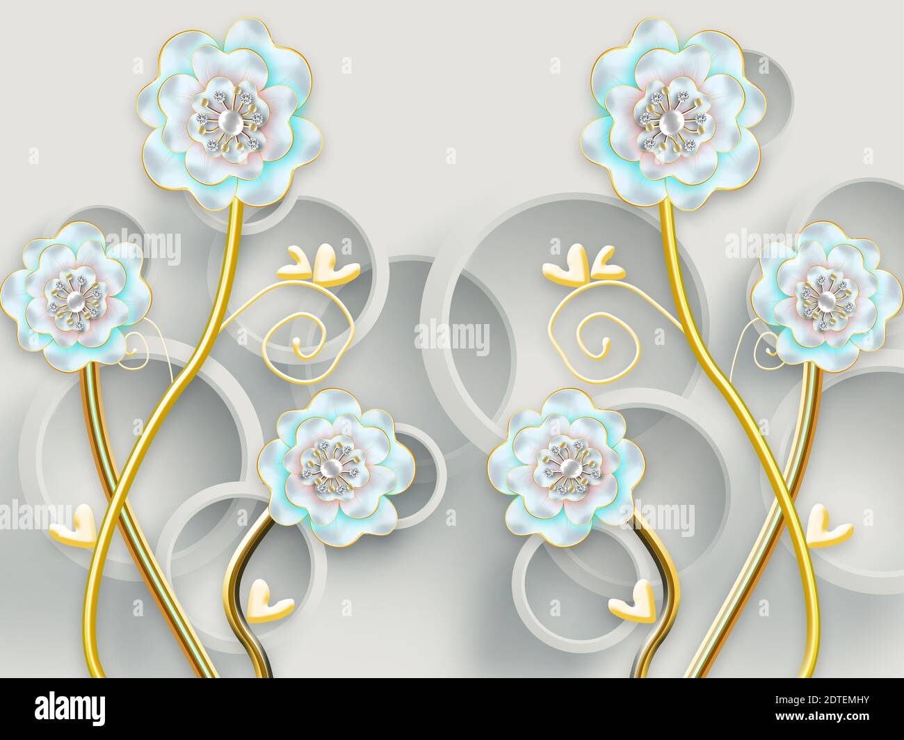 illustrazione 3d, sfondo grigio, anelli grigi, fiori blu con perle su steli dorati Foto Stock