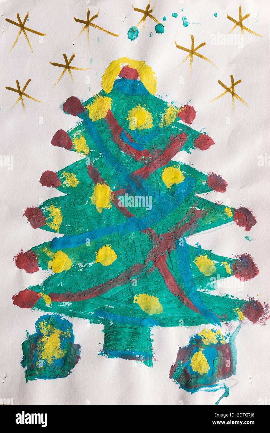 Disegno di bambino di sette anni, albero di natale. Foto Stock