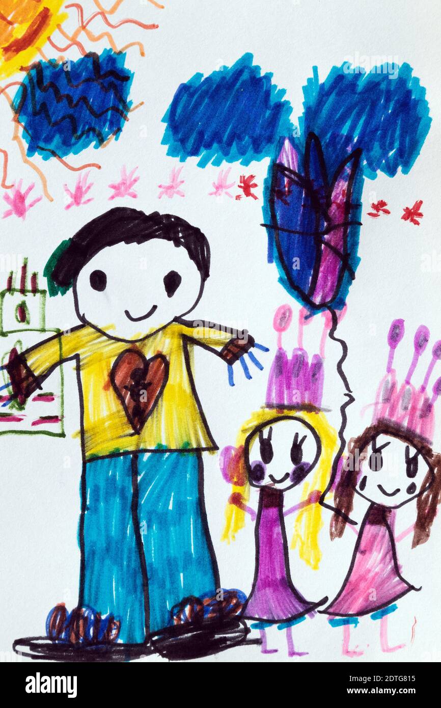 Disegno del bambino di sette anni, padre felice e figlie gemelle in abiti viola. Foto Stock