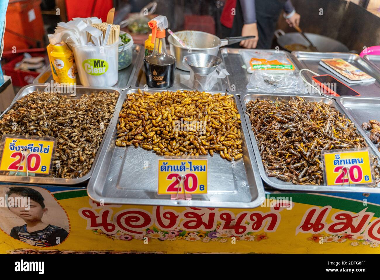 Phuket, Thailandia - 17 dicembre 2020 - insetti commestibili fritti in vendita al mercato di Chillva, una strada pedonale a Phuket, Thailandia il 17 dicembre 2020 Foto Stock