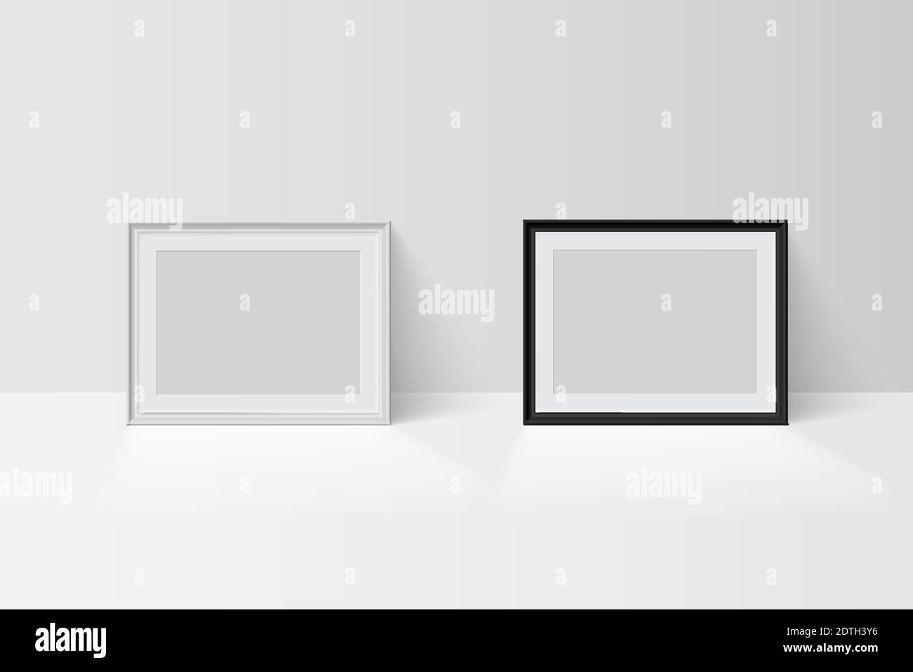 Realistico vettore 3d vuoto bianco bianco e nero semplici modelli mockup cornice isolati su sfondo chiaro. Tappetini con cornice per foto o immagini con bordo Illustrazione Vettoriale